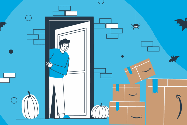 A person stands in an open doorway surrounded by pumpkins, bats, a spider, and several cardboard boxes against a blue background.