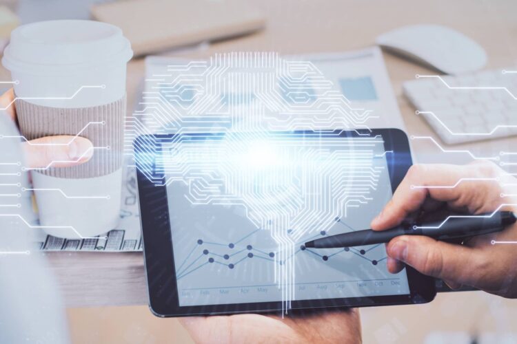 Person using a stylus on a tablet displaying a graph, with a coffee cup nearby and a digital brain circuit overlay effect on the image.