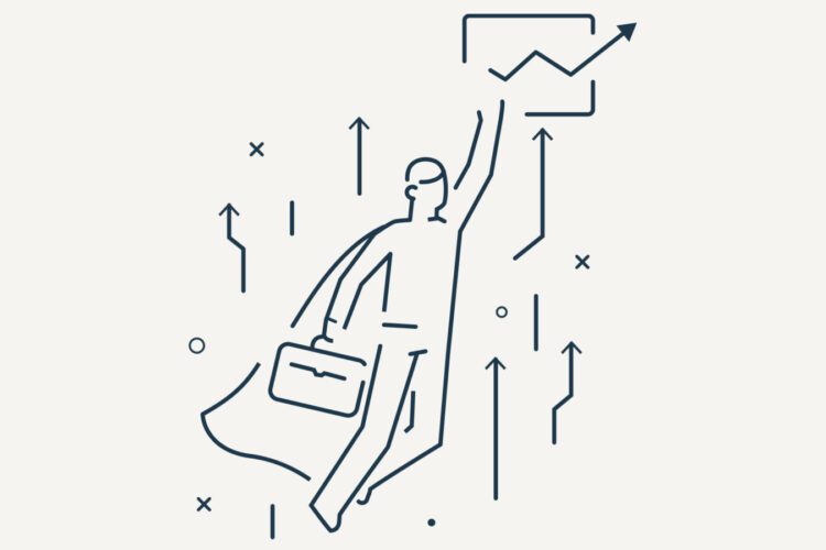 Line drawing of a person with a cape holding a briefcase, flying upward with arrows and a rising graph, symbolizing business growth or success.