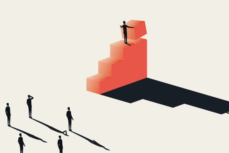 A person stands on top of a red staircase block, addressing four people below who cast long shadows on the ground.