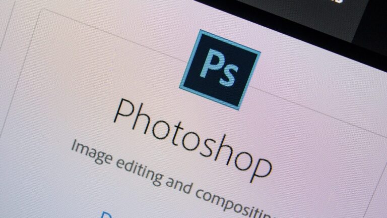 A computer screen displays the Adobe Photoshop logo and the words "Photoshop Image editing and compositing.
