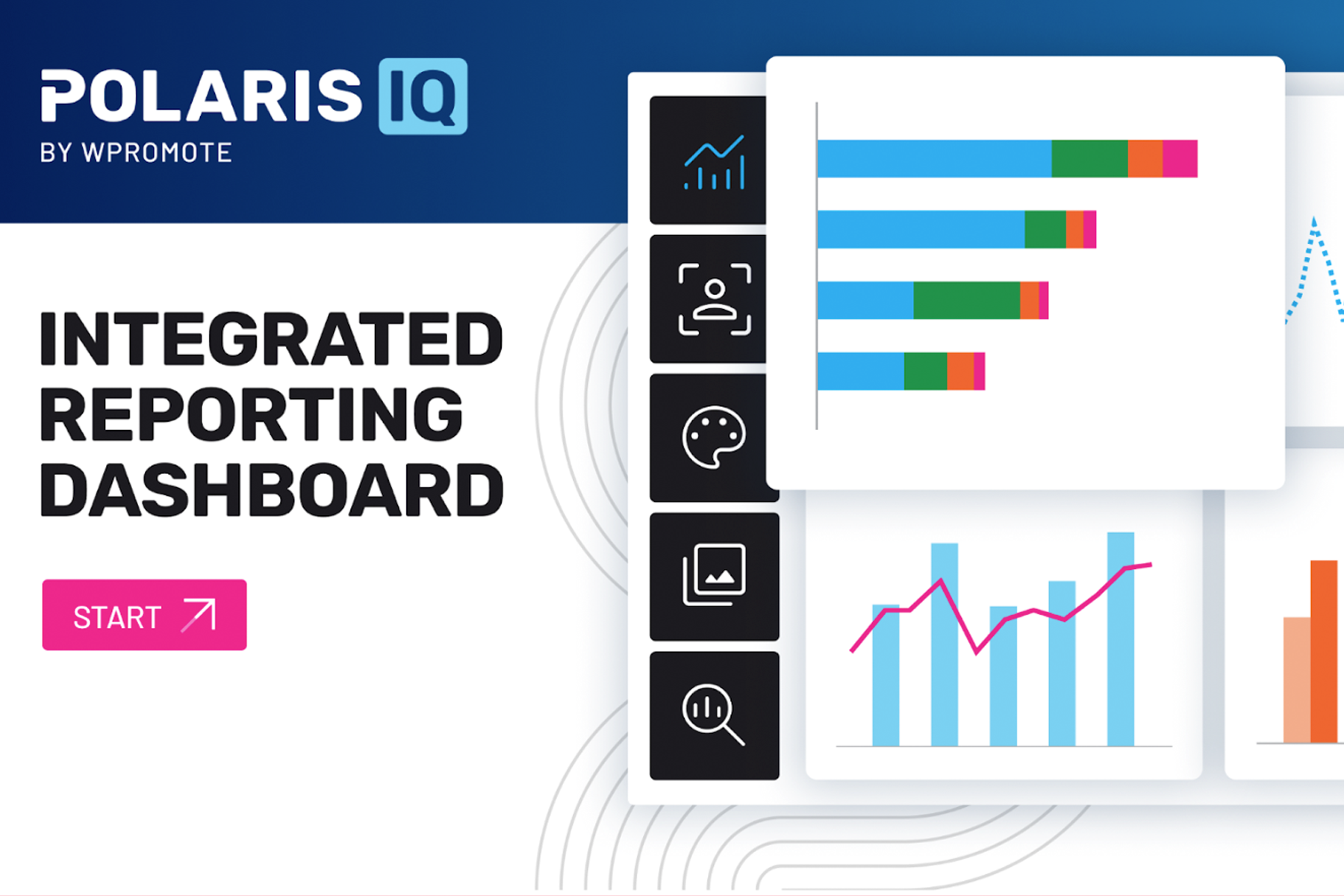 A dashboard interface with bar and line charts, icons for analytics tools, and the text “INTEGRATED REPORTING DASHBOARD” with a “START” button on the left.