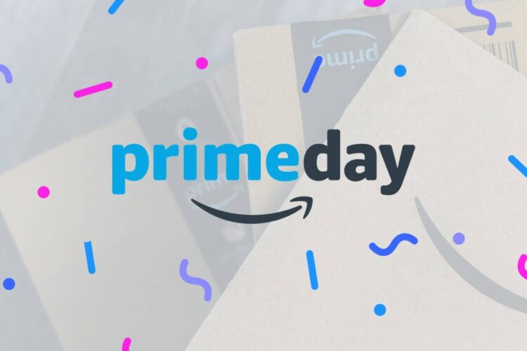 The image shows the "Prime Day" logo with Amazon boxes in the background and blue and purple confetti-like decorations.