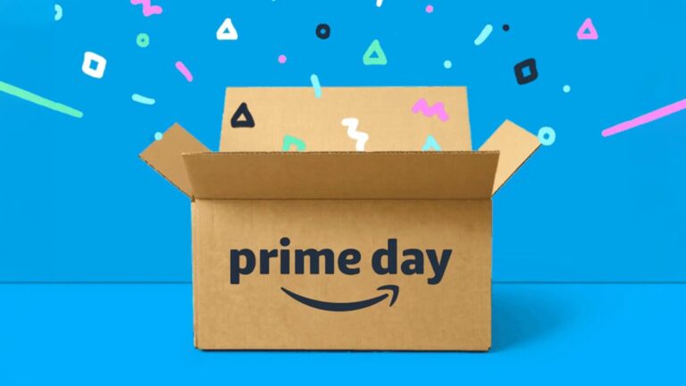 A cardboard box with "prime day" and the Amazon logo on it sits open against a blue background with colorful confetti and geometric shapes.