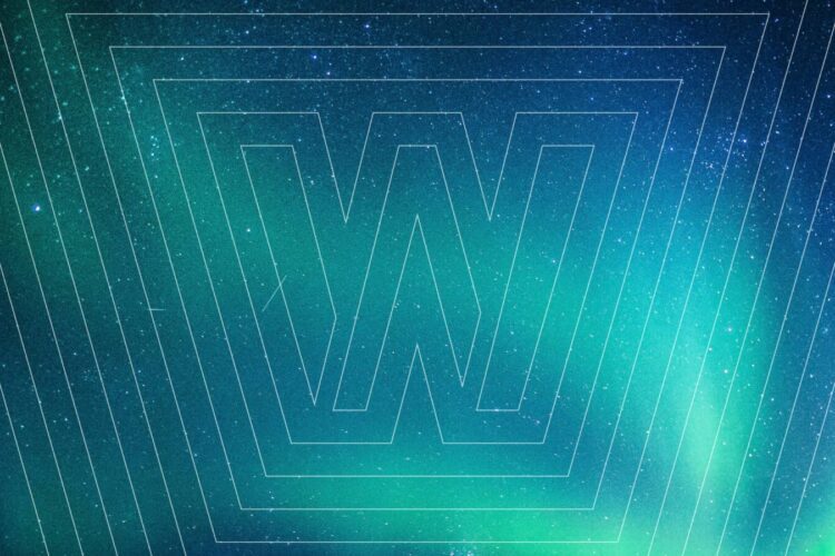 Large outlined "W" overlaid on a gradient blue and green background resembling the night sky with stars. Thin white lines form concentric shapes around the letter.
