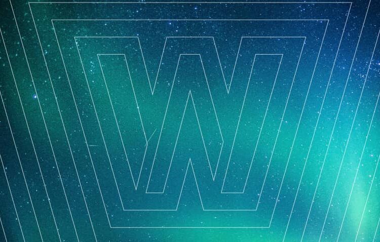 A large, outlined letter "W" is centered over a blue and green gradient background with thin, white, angular lines.