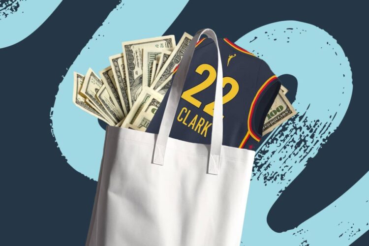 A white tote bag containing U.S. dollar bills and a sports jersey with the name "Clark" and number 22, set against a blue abstract background.