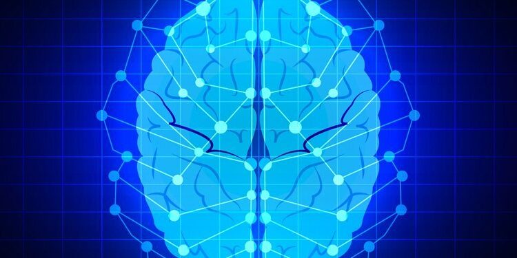 Digital illustration of a human brain in blue tones with connected nodes and lines, set against a dark grid background.
