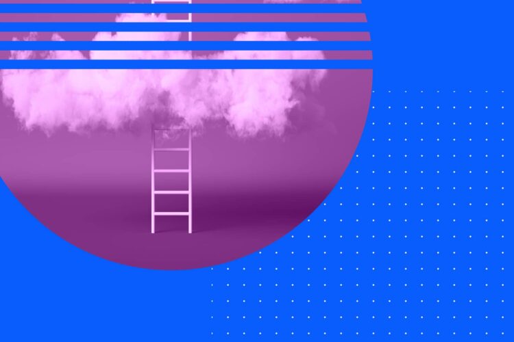 A ladder leads up to a pink cloud inside a purple circle; the background is blue with white dots and horizontal lines at the top of the circle.