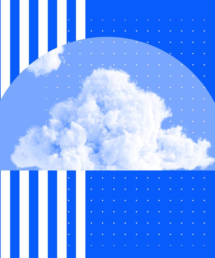 A fluffy white cloud on a blue background with white vertical stripes and small dotted patterns, framed by a semi-circle.