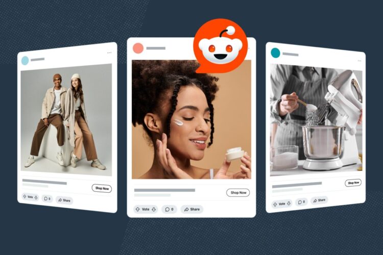Three digital cards show: a fashionable couple posing, a woman applying skincare cream, and a person using a stand mixer; a Reddit logo hovers above the center card.