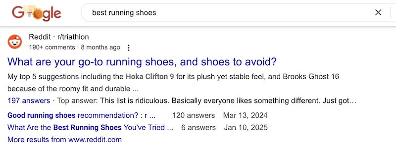 Screenshot of a Google search for "best running shoes reddit"