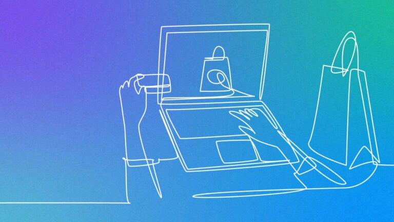 Line drawing of a person using a laptop and holding a credit card, with shopping bags, on a blue and purple gradient background.