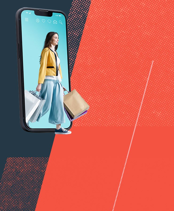 A woman carrying shopping bags steps out from a smartphone screen against a red and blue geometric background, symbolizing online shopping.