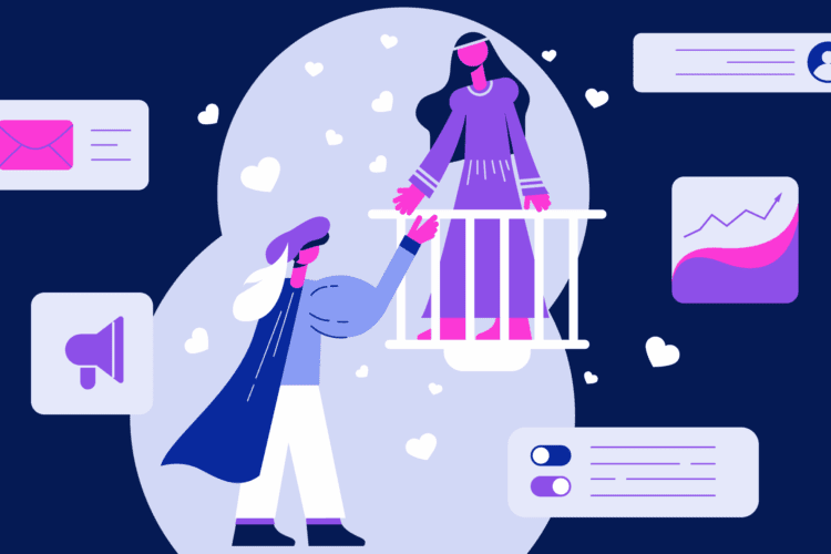Illustration of a masked person reaching toward another on a balcony, surrounded by icons for messages, notifications, charts, and social profiles.