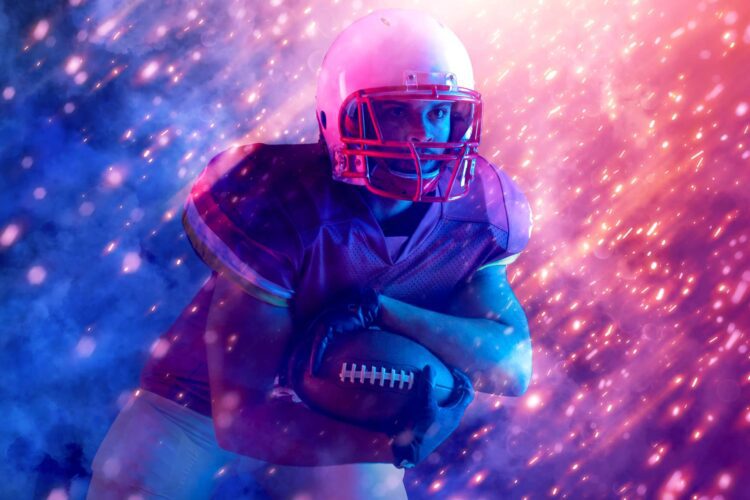 American football player in helmet and gear running with a football, surrounded by dynamic colorful lights and particles.