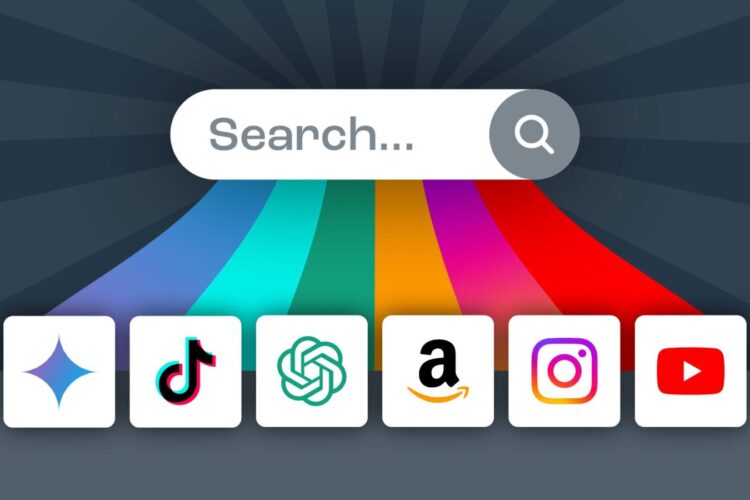 A search bar above six app icons: Gemini, TikTok, ChatGPT, Amazon, Instagram, and YouTube, with colorful rays extending down from the bar.