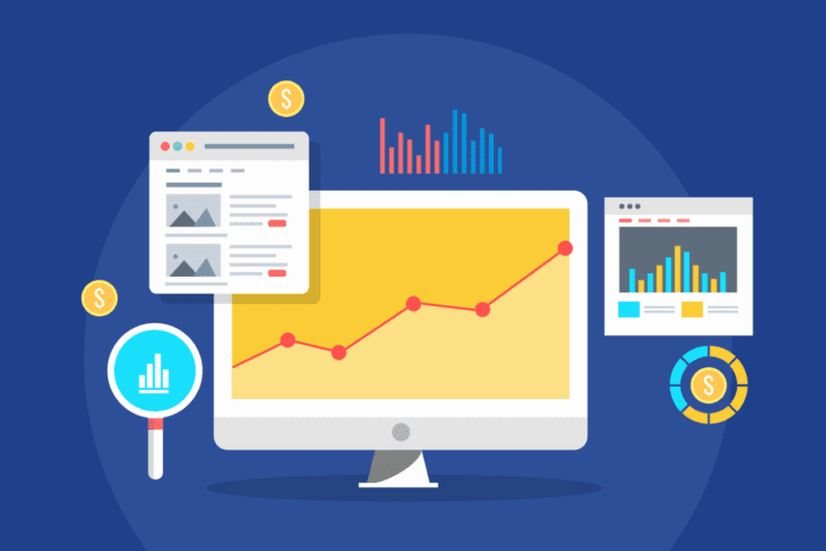 A computer monitor displays an upward-trending graph, surrounded by icons and windows showing charts, graphs, and dollar signs, representing data analysis and financial growth.