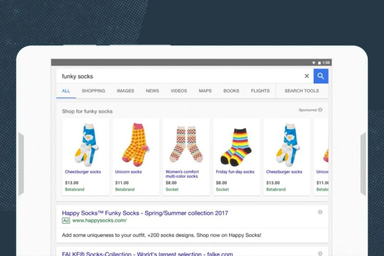 A Google search results page for "funky socks" showing images and prices of colorful socks, including yellow, red, striped, and blue cartoon designs.