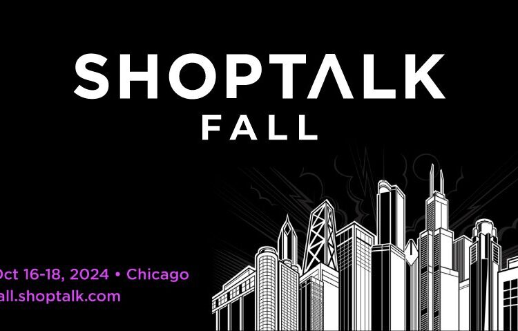 Shoptalk Fall event banner with city skyline illustration; event dates are October 16-18, 2024, in Chicago, with the website fall.shoptalk.com.