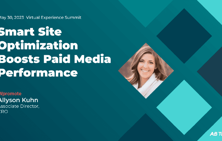 Slide titled "Smart Site Optimization Boosts Paid Media Performance" with a photo of Allyson Kuhn, Wpromote Associate Director, CRO, for a virtual summit on May 30, 2023.