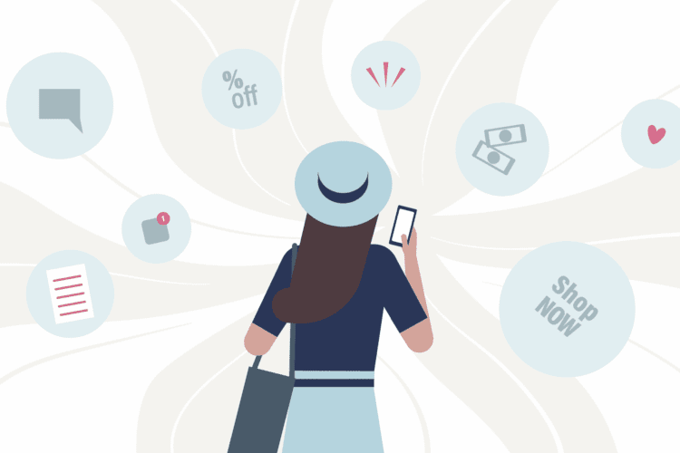 A woman holding a phone and shopping bag is surrounded by icons representing shopping, discounts, money, messages, and notifications.