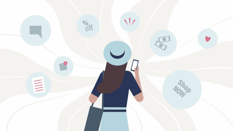 A woman holding a phone and shopping bag is surrounded by icons representing shopping, discounts, money, messages, and notifications.