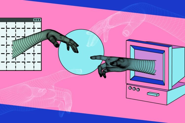Illustration of two wireframe hands reaching toward each other, one from a calendar window and one from a retro computer, with a blue circle between them on a pink and blue background.