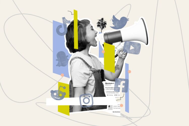 A person shouts into a megaphone with icons of social media platforms like Twitter, Facebook, Instagram, TikTok, Snapchat, and Reddit surrounding them.