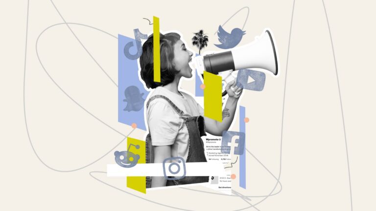 A person shouts into a megaphone with icons of social media platforms like Twitter, Facebook, Instagram, TikTok, Snapchat, and Reddit surrounding them.