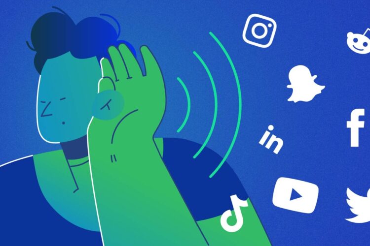 Illustration of a person holding a hand to their ear, listening, with icons of popular social media platforms surrounding them on a blue background.