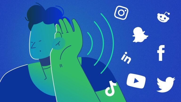 Illustration of a person holding a hand to their ear, listening, with icons of popular social media platforms surrounding them on a blue background.