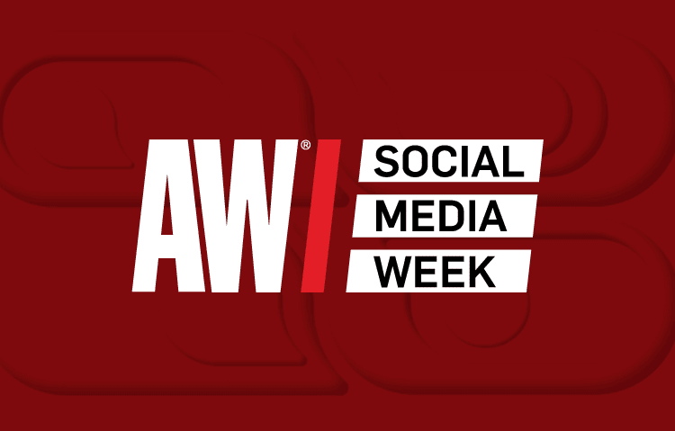 AW Social Media Week logo in white and red text on a dark red background with a subtle embossed design.