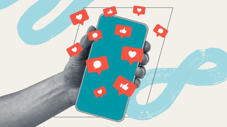 A hand holds a smartphone displaying floating social media notification icons, such as hearts, thumbs up, and speech bubbles.