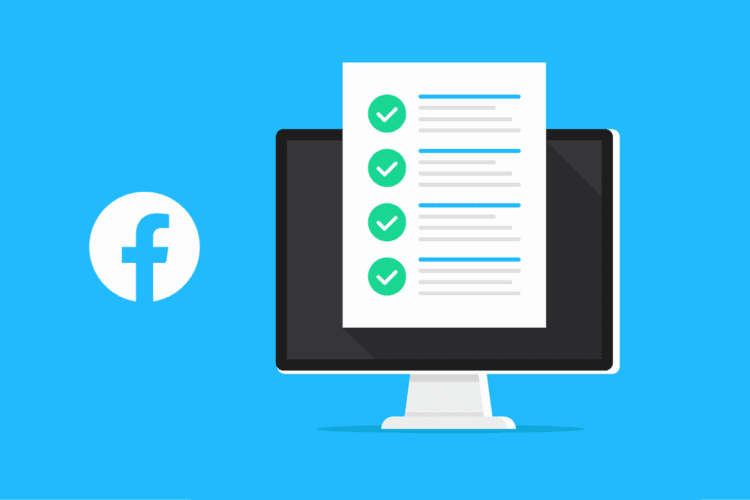 A computer monitor displaying a checklist with green check marks, next to a Facebook logo on a blue background.