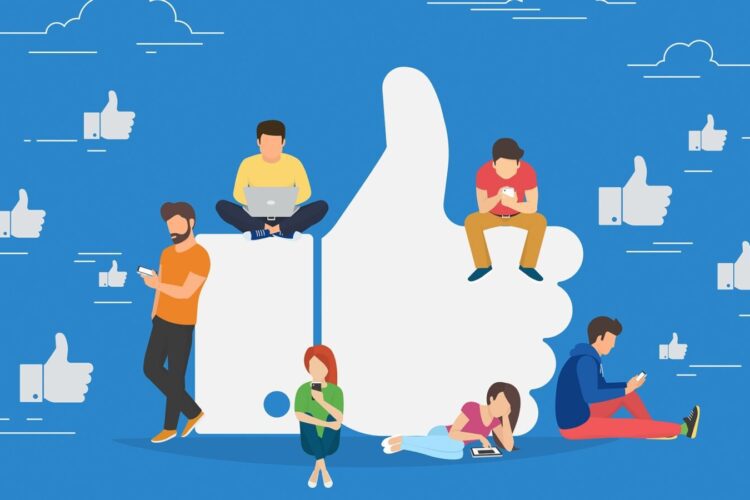 Illustration of people using digital devices while sitting around and on a large thumbs-up symbol, with smaller thumbs-up icons in the background.