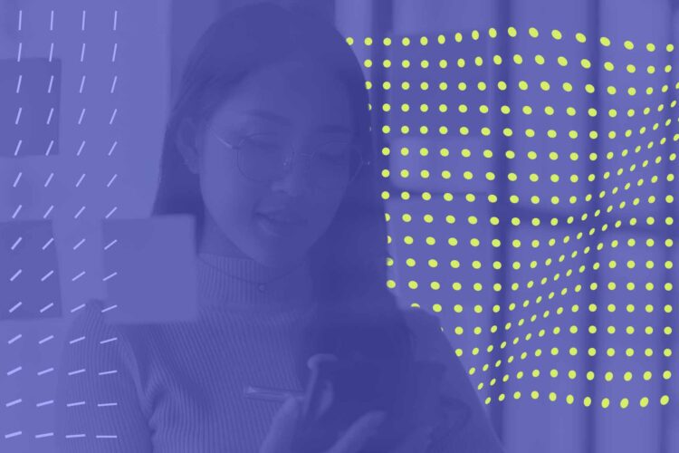 A woman wearing glasses looks at her phone, overlaid with abstract blue and yellow dot and line patterns.