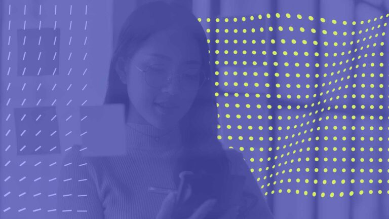A woman wearing glasses looks at her phone, overlaid with abstract blue and yellow dot and line patterns.