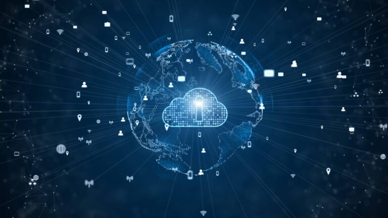 A cloud icon with a padlock overlay is centered on a digital globe, surrounded by data and device symbols, representing global cloud security and connectivity.