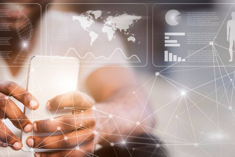 Person holding a smartphone with digital graphics overlay showing data charts, a world map, DNA strand, human figure, and network connections.