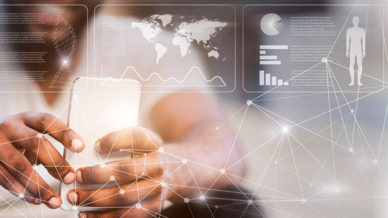 Person holding a smartphone with digital graphics overlay showing data charts, a world map, DNA strand, human figure, and network connections.