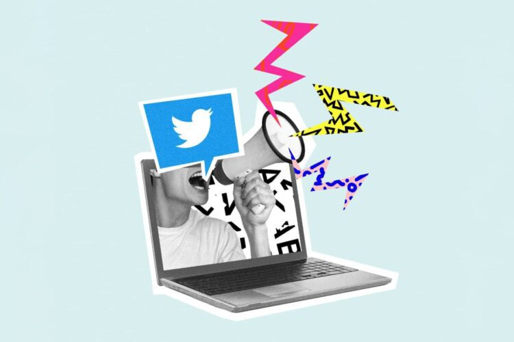 A laptop displaying black-and-white photos of two people talking, overlaid with the Twitter logo and colorful graphic elements representing speech and communication.