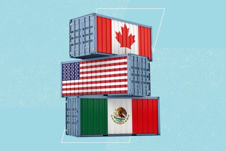 Three shipping containers are stacked vertically, each displaying the national flag of Mexico, the United States, and Canada from bottom to top.