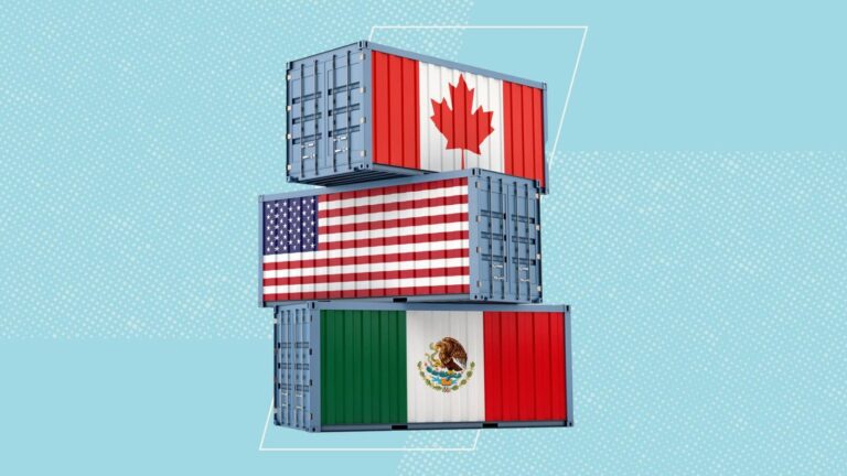Three shipping containers are stacked vertically, each displaying the national flag of Mexico, the United States, and Canada from bottom to top.