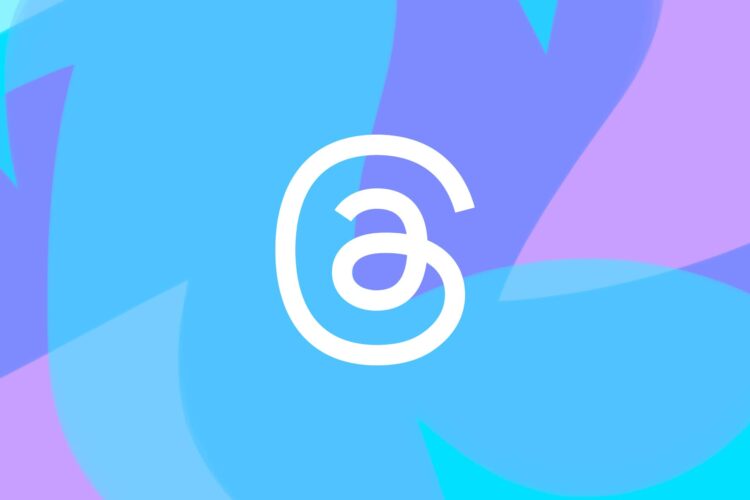 White Threads app logo centered on a blue and purple abstract background.