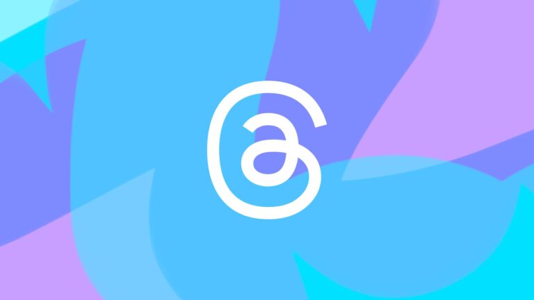 White Threads app logo centered on a blue and purple abstract background.