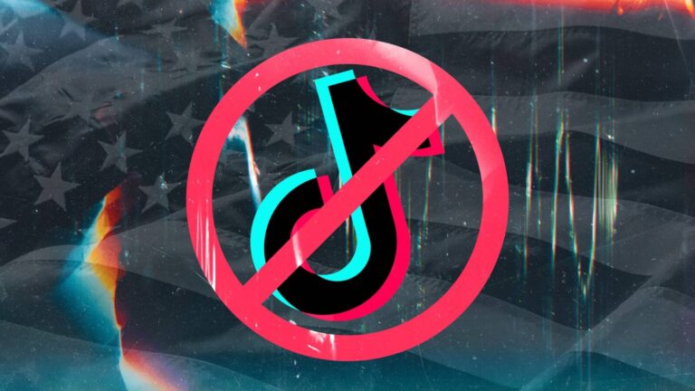 The TikTok logo is crossed out with a red prohibition sign over a faded American flag background.