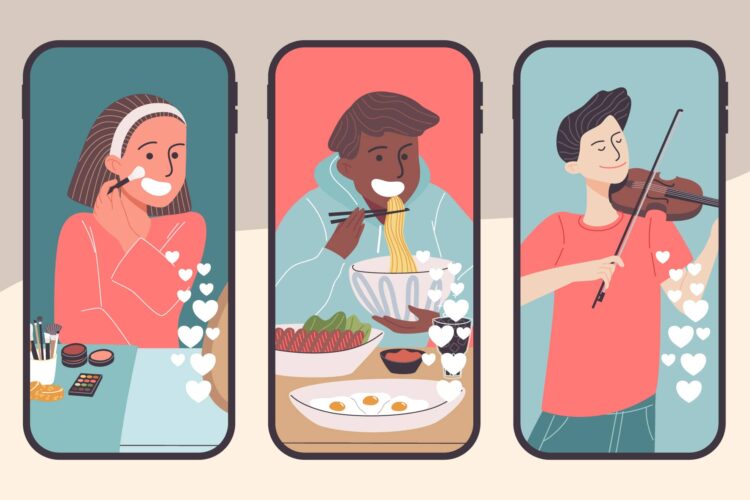 Illustration of three people on smartphone screens: one applying makeup, one eating noodles, and one playing the violin, with heart icons surrounding each screen.