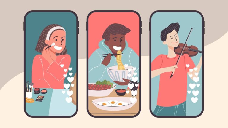 Illustration of three people on smartphone screens: one applying makeup, one eating noodles, and one playing the violin, with heart icons surrounding each screen.