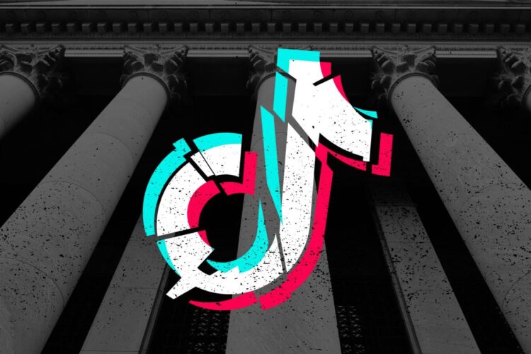 The TikTok logo is displayed prominently over grayscale columns of a neoclassical building, suggesting a theme related to law or government.